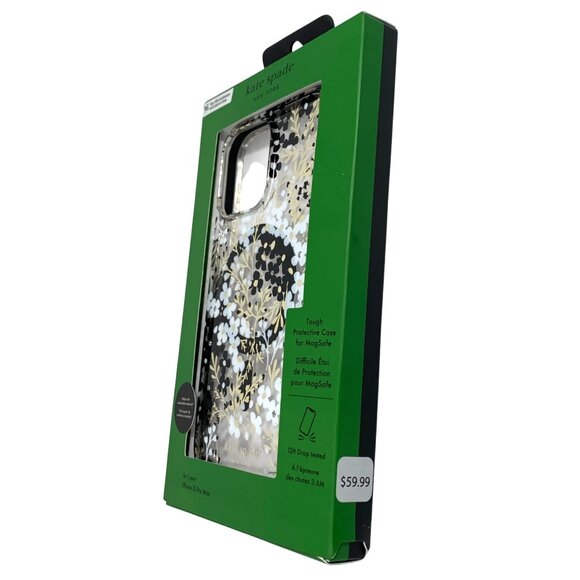 NIB $60 Kate Spade Protective Case iPhone 15 Pro Max Black White Floral Crystals - Picture 4 of 4
